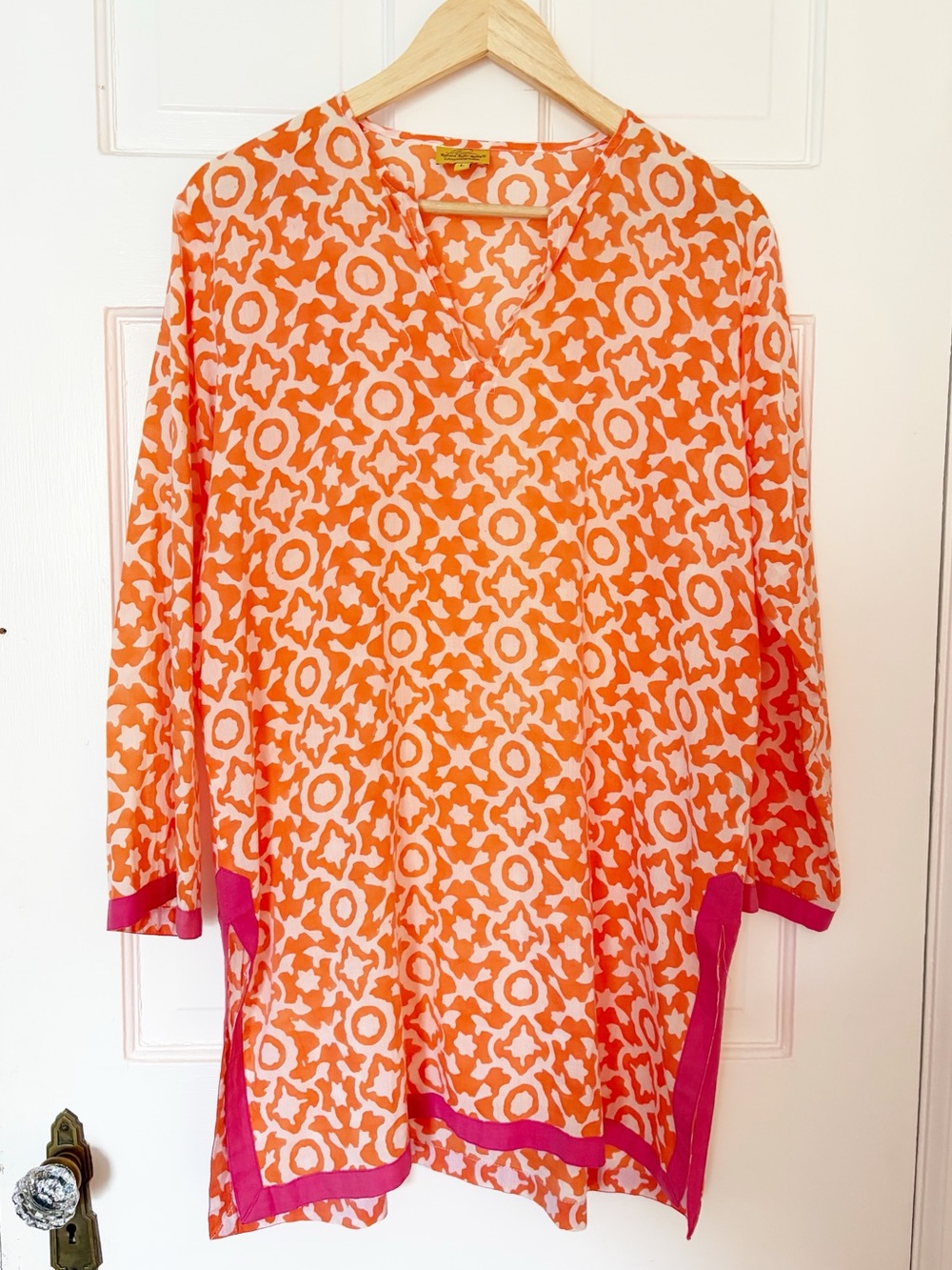 Roberta Roller Rabbit Orange and White Geometric Tunic with Pink Trim Large Prep